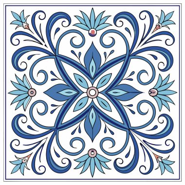 Beyaz arka planda stilize edilmiş mavi çiçekli ve botanik motifli simetrik, Akdeniz esinlenilmiş bir fayans tasarımı. Kalıp karmaşık parşömenlerden oluşuyor.,