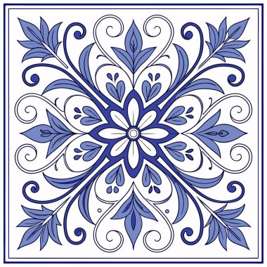 Beyaz arka planda stilize edilmiş mavi çiçekli ve botanik motifli simetrik, Akdeniz esinlenilmiş bir fayans tasarımı. Kalıp karmaşık parşömenlerden oluşuyor.,