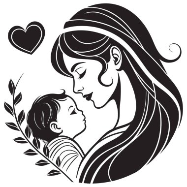 Görüntü anneliğin güçlü duygusal bağına odaklanır, dalgalı saçlar, basit bir yaprak filizi ve yukarıda küçük bir kalp ile stilize edilir. Logo ve simge olarak kullanmak için mükemmel bir minimalist siluet.,