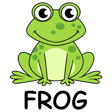 Bu resim büyük, anlamlı gözleri ve yeşil lekeleri olan sevimli bir kurbağa maskotunu ve altında 
