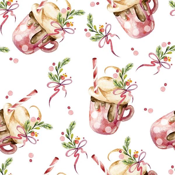 watercolour seamless  pattern with cup of cacao and christmas tree and red tape