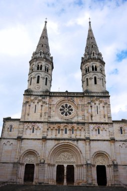 Macon Fransa 'da ikiz kuleleri ve kemerli girişi olan tarihi katedralin ön manzarası