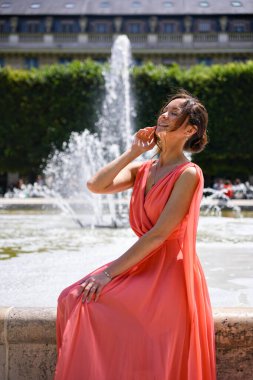 Güneşli bir günde eski binası olan Paris parkında güzel bir gül bahçesi.