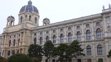 Viyana 'daki Kunsthistorisches Müzesi' nin kışın dış manzarası. Çalı ve ağaçlarla süslenmiş.