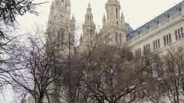 Viyana belediye binasının kış manzarası şehir parkında çıplak ağaçlarla kısmen gizlenmiş durumda.