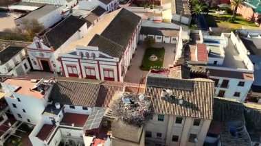 Teatro Circo Puente Genil Endülüs İspanya yakınlarındaki bacada bulunan leylek yuvalarını kapatıyorlar. Geleneksel çatıları ve güneşli Akdeniz manzarası var.