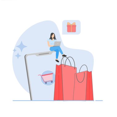 çevrimiçi alışveriş, İnternet ve alışveriş vektörü illüstrasyonu.