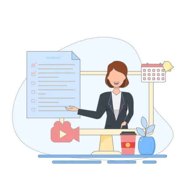 Dizüstü bilgisayarı ve panosu olan takım elbiseli bir iş kadını. Beyaz arkaplanda izole edilmiş vektör düz illüstrasyon.