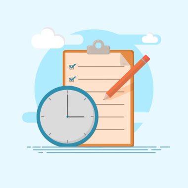 Kalem, çalışma tahtası ve saat simgeleriyle zaman yönetimi illüstrasyonu.