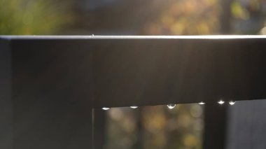 Yumuşak güneş ışığında metal korkuluklardan sarkan su damlalarının minimalist fotoğrafı. Gerçek hayat sahnesi ışığı, geometriyi ve yağmurdan sonraki doğal yansımaları yakalıyor. Mimari tasarım için ideal, sakin yaşam tarzı görselleri, ve minimum doğa arka grup