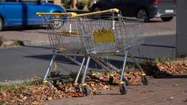 Düşmüş yapraklarla kaldırımda duran iki metal alışveriş arabası perakende faaliyetini ve günlük alışveriş alışkanlıklarını sembolize ediyor. Reklam süpermarket hizmetleri, perakende promosyonlar ve tüketici için kullanışlı