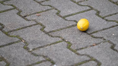 Tek bir sarı limon asfalt kaldırımda, yiyecek atıklarını, kaynak kaybını ve şehir yaşam tarzını sembolize ediyor. Bu görüntü sürdürülebilirlik, market endüstrisi, beslenme, dikkatsiz tüketim ve pazar lojistiği konuları için uygundur.,