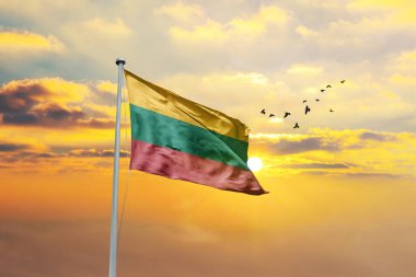 Litvanya bayrağı ve rüzgarda dalgalanan bayrak. Gün batımı. yüksek kaliteli resimleme.