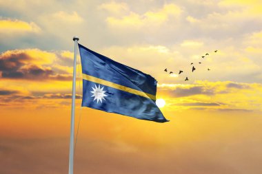 Güneşli mavi gökyüzü ve bir şişe Aao ve Aziz Kitts bayrağı