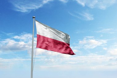 Güzel Polonya bayrağı bulutlu arka planda rüzgarda dalgalanıyor. 3d illüstrasyon.