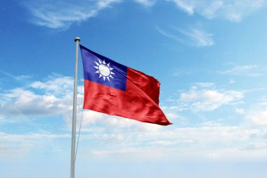 Bulutlu mavi arka planda dalgalanan Tayvan bayrağı. Cumhuriyet Günü ve Bağımsızlık Günü için Tayvan bayrağı.