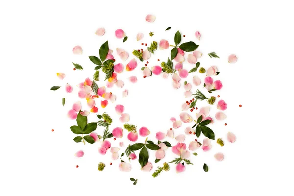 Floral round frame with rose petals and green leaves on white background — Stock Photo, Image
