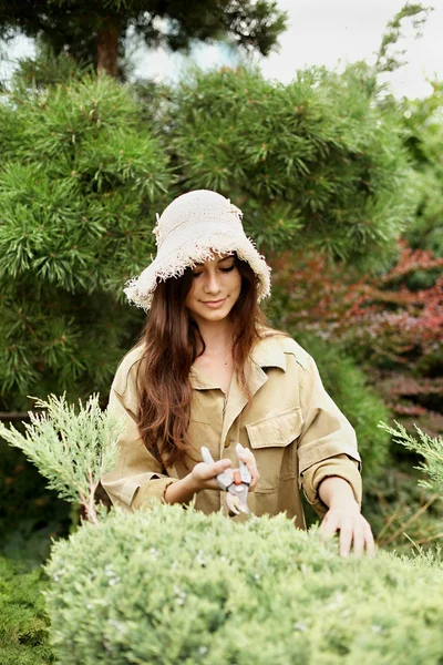 Дівчина садівник в робочому одязі і солом'яному капелюсі вирізає садові ножиці вічнозелені . — стокове фото