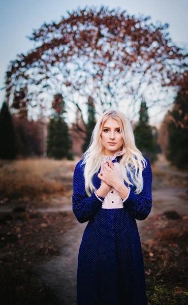 A woman dressed in a blue vintage dress stays in the autumn park