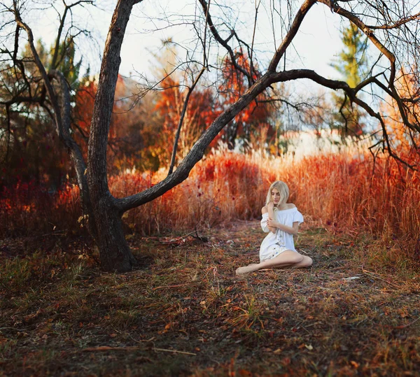 Жінка одягнена в білу сукню з вишивкою сидить — стокове фото