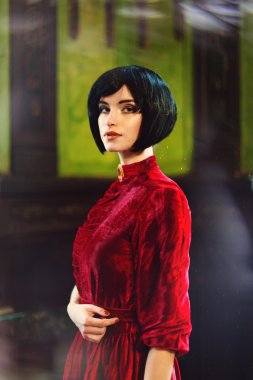 Bayan esmer zengin iç ahşap duvar portresi