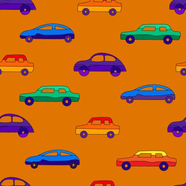 Arabalar. Kusursuz desen. Bebek ürünleri için çok renkli arabalar. Turuncu arka plan. Çocuk tarzında arabalar. Çocuk kıyafetleri, hediye ambalajı, tekstil, bebekler için ürünler.