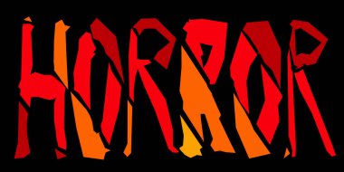 Korku - çok renkli yazıtlar. Kırık parçalar gibi kıvrılmış harfler. Kırmızı renkler. Posterler, afişler, uygulamalar, hediyeler, gece korku filmi baskıları, tişörtler. Stok vektör illüstrasyonu.