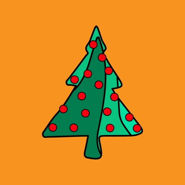 Grön Julgran Och Röda Julbollar Doodle Tecknad Rolig Multicilor Element — Stock vektor