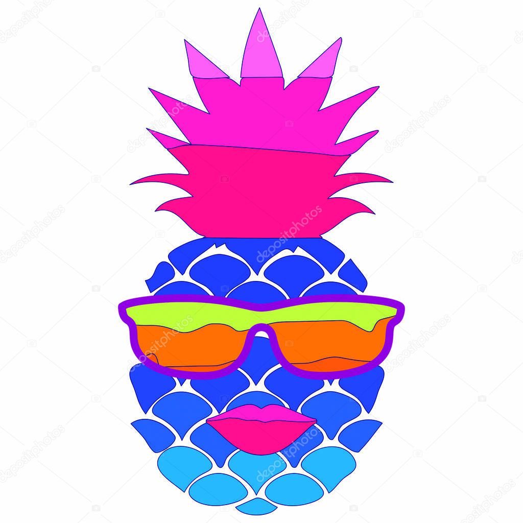 Crazy pineapple with lips and sunglasses. Colorful cartoon isolate illustration on white background.