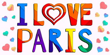 Paris 'i seviyorum. Komik çizgi film, renkli, komik yazılar ve kalpler. Paris, Fransa 'nın başkenti ve en kalabalık şehridir. Pankartlar, posterler, hatıra mıknatısı ve giysi üzerindeki baskılar için Paris 'i seviyorum..