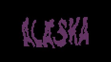 Alaska mı? Yazıtın canlandırılmış görüntüsü. Piksellerden izole mektuplar. Mor, morumsu renkler. Sosyal medya, blog yazarları, reklamcılık ve televizyon için ABD 'nin Alaska Eyaleti. UHD 4K videosu.