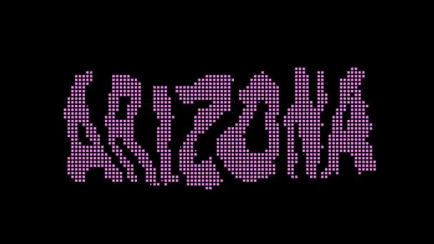 Аризона Анимированный Вид Надписи Изолированные Буквы Пикселей Фиолетовый Пурпурный Штат — стоковое видео
