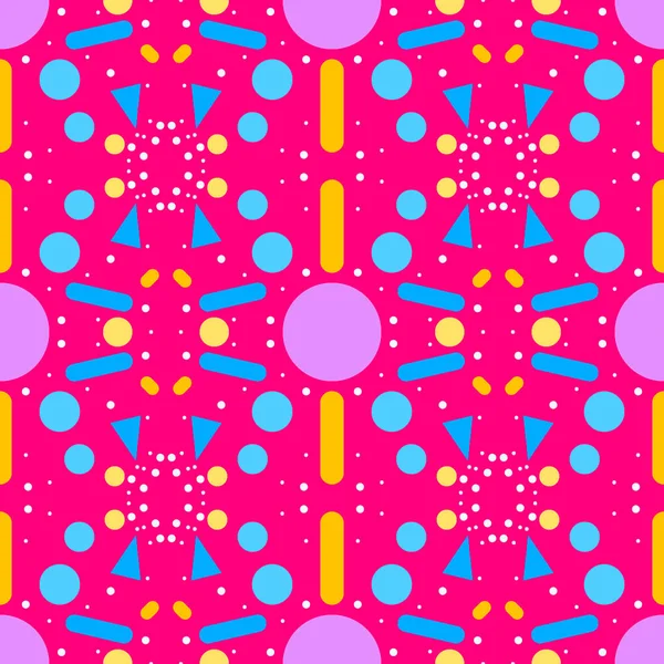 Memphis tarzında dekoratif, soyut, pürüzsüz bir süs. Mor, mavi, sarı formlar, pembe arka planda. Kumaş, kağıt, fayans vb. için kusursuz vektör.