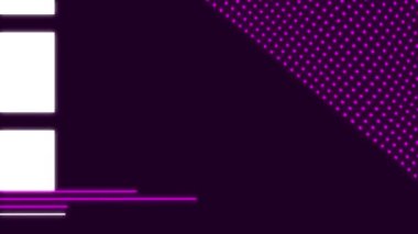 Döngülü fütüristik soyut arkaplan. Mor, beyaz elementler. Animasyon çizgileri, noktalar, şekiller. Başlıklar, etiketler, logolar, kurumsal sunumlar, TV için kusursuz 4K arka plan. Minimalist moda tarzı.