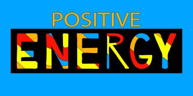 Pozitif Enerji - komik karikatür yazıları. El çizimi renkli harfler. Vektör çizimi. Mavi arka plan. Terfi afişleri, posterler, uygulamalar ve baskılar için..