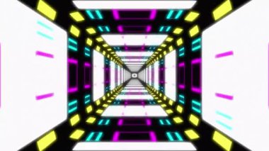 Döngülü Fütürist 3d Tünel Koridoru. 4K video geçmişi. Geometrik şekiller, neon ışıkları, gürültü. Beyaz Mor Mavi Sarı Renkler. Geçmişe dönük döngülü arka plan. Başlık, reklam ve tanıtım için animasyon siber uzay döngüsü.