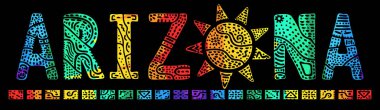 Arizona mı? Gökkuşağı renkli karalama, karşıtlık yazısını izole et. Düzenli kıvrımlar eğri harfler, güneş. Baskı, giysi, tişört, hatıra, pankart, ilan ve reklam için ABD 'nin Arizona eyaletinde. Stok vektör resmi.