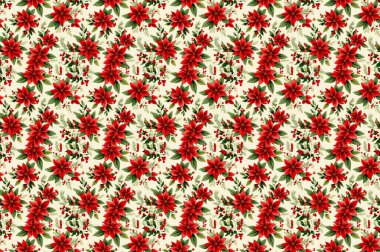 Beyaz arka planda kırmızı noktasal desen geleneksel Noel süslemeleri ve zarif tatil tasarımı içeren çiçekli unsurlar.