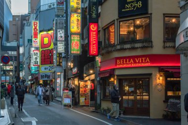 Tokyo 'daki Shinjuku bölgesinin renkli Neonlit sokağı. Fotoğraf akşam vakti çekildi..