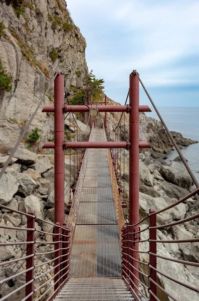 Güney Kore 'nin Ulleungdo Adası' ndaki kayalık kıyı şeritleri ve mavi okyanus suları boyunca kırmızı kahverengi asma köprü yolu.