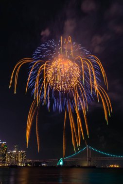 Gece gökyüzünde parlak, renkli havai fişekler. Fotoğraf Busan, Güney Kore 'de çekildi.