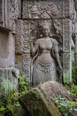 Banteay Kdei Tapınağı 'nda taş oyma ve yosun kaplı yeşil taş harabeleri ve tuğlalar. Angkor Wat tarihi alan parkı