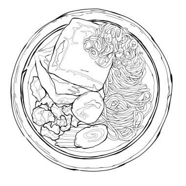 Çeşitli balık köfteleriyle servis edilen bir kase erişte. İçlerinde doldurulmuş ve kızartılmış olanlar da var. Yeşil soğanlı, Asya mutfağı ve yemek temalı içerik için mükemmel..