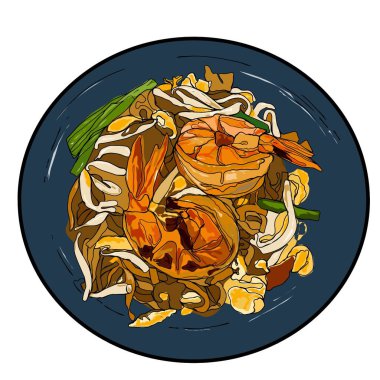 Char Kuey Teow olarak bilinen popüler Malezya usulü kızarmış erişte, sulu karides, fasulye filizi ve soğanla çizilmiş. Yemek temalı sanat eserleri, kültürel baskılar ve menü tasarımları için mükemmel..