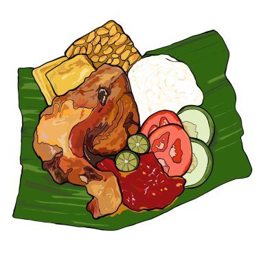 Lezzetli Nasi Ayam Penyet (veya Ayam Geprek) kızarmış tavuk, tofu, tempeh, salatalık dilimleri, buğulanmış pirinç ve baharatlı sambal ile servis edilir. Popüler bir Endonezya-Malezya yemeği sokak yemekleri ve Asya mutfağı temaları için mükemmel.