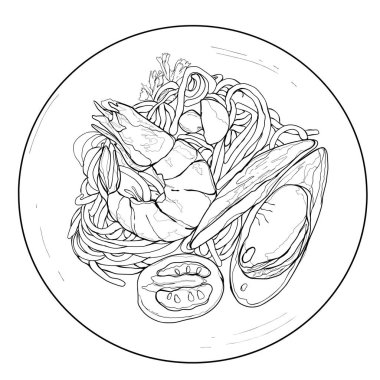 Beyaz arka planda İtalyan yemeklerinin el çizimi. Deniz ürünleri makarnası..