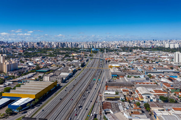 Presidente Dutra Highway. Surroundings of the city of Guarulhos Estrada that connects the city of Sao Paulo to Rio de Janeiro, Brazil, seen from above.