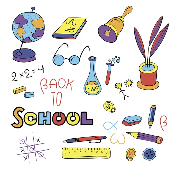 Conjunto desenhado à mão ilustrações da vida escolar e aprendizagem —  Vetores de Stock