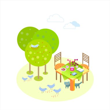 Yaz tatil ruh bahçede izometrik çizimde