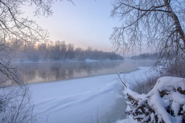 Karla kaplı ağaçlar ve buzla kaplı kış nehri.
